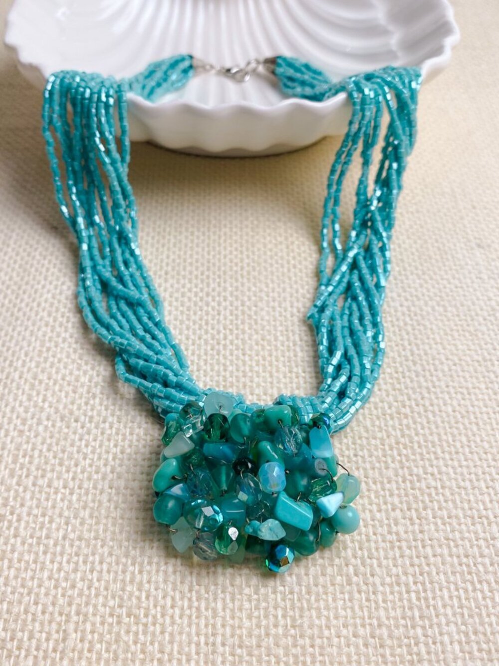 Glass Multi Strand Seed Bead Ocean Blue Turquoise Woven Cluster Pendant Necklace